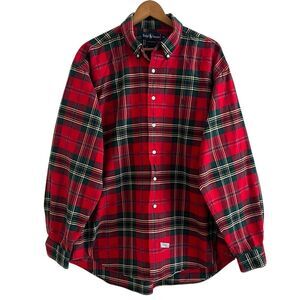 Ralph Lauren Blue Label Tartan Plaid Shirt XL Red Green Preppy Oxford 80s